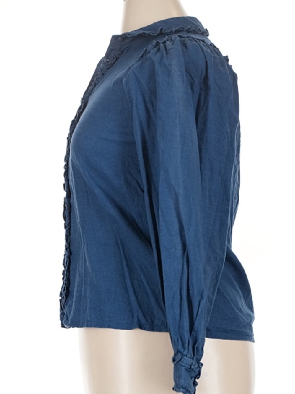 Sezane MacKenzie Blue Maquis Ruffle Puff Sleeve Button Down Blouse - Picture 4 of 9